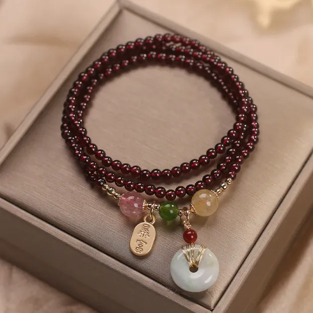 Natural Garnet Strawberry Quartz Crystal Fox Koi Fish Peace Buckle Fortune Protection Triple Wrap Bracelet- EclatDoré