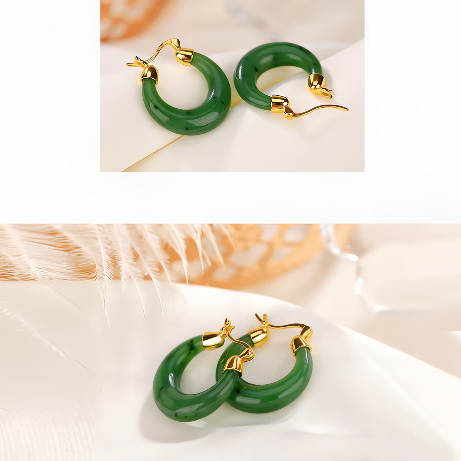 925 Sterling Silver Plated Gold Natural Round Hetian Cyan Jade Luck Drop Earrings