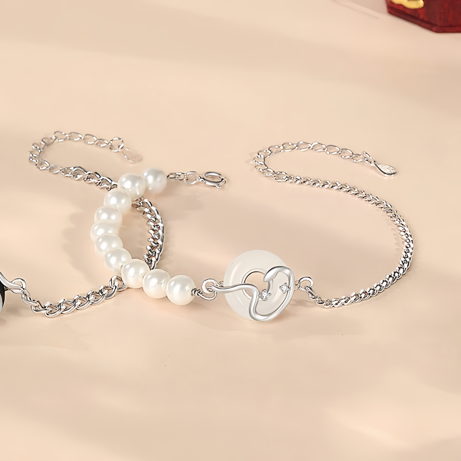 Black Obsidian Black Onyx Chalcedony Peace Buckle 925  Sterling Silver Year Of The Snake Pearl Purification Couple's Bracelet- EclatDoré