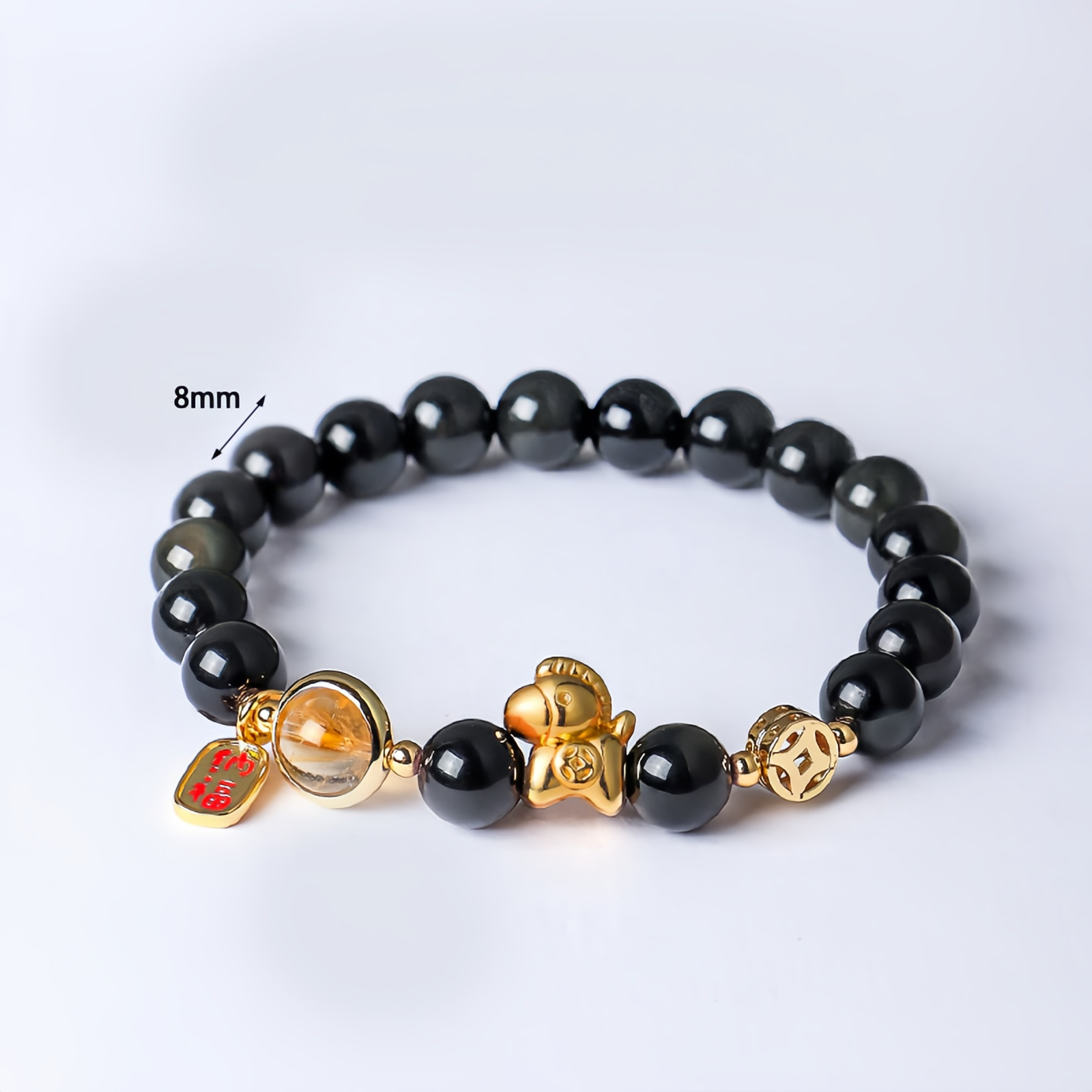 Horse Year Natural 8mm Obsidian Red Agate Pink Crystal Power Bracelet