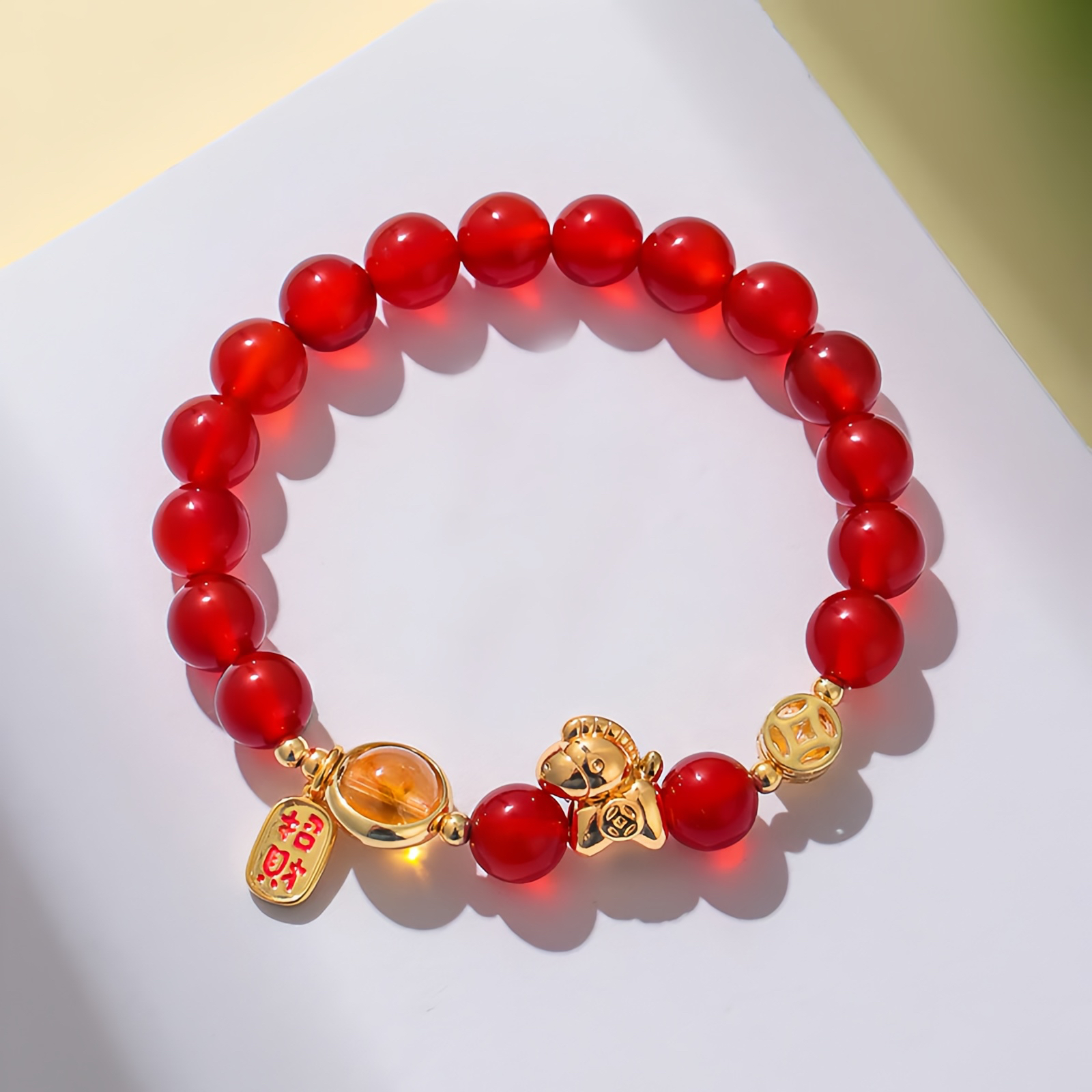 Horse Year Natural 8mm Obsidian Red Agate Pink Crystal Power Bracelet