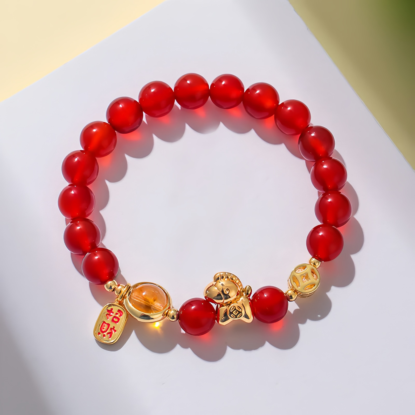 Horse Year Natural 8mm Obsidian Red Agate Pink Crystal Power Bracelet