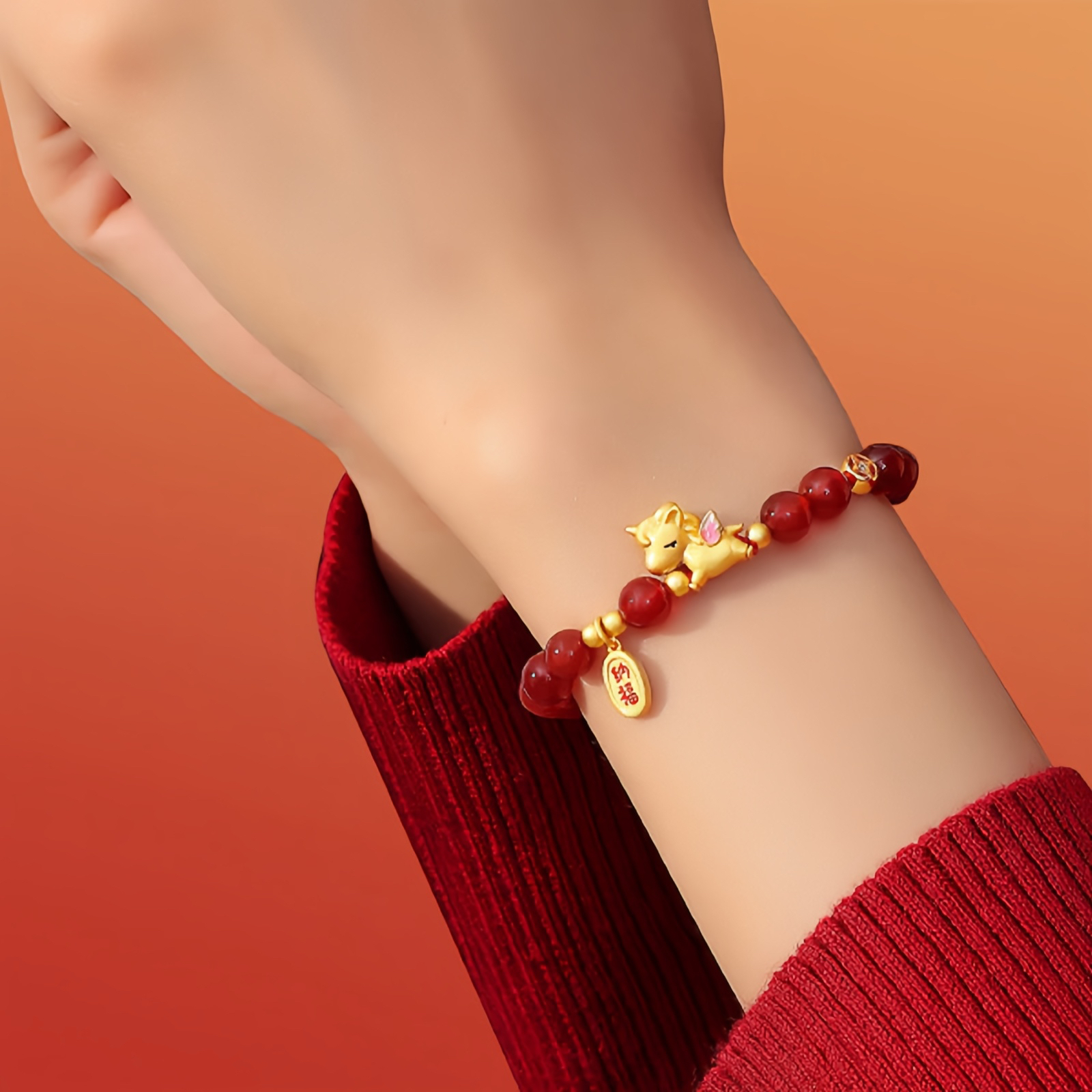 925 Sterling Silver Year Of The Horse Red Agate Lucky Fortune Confidence Bracelet
