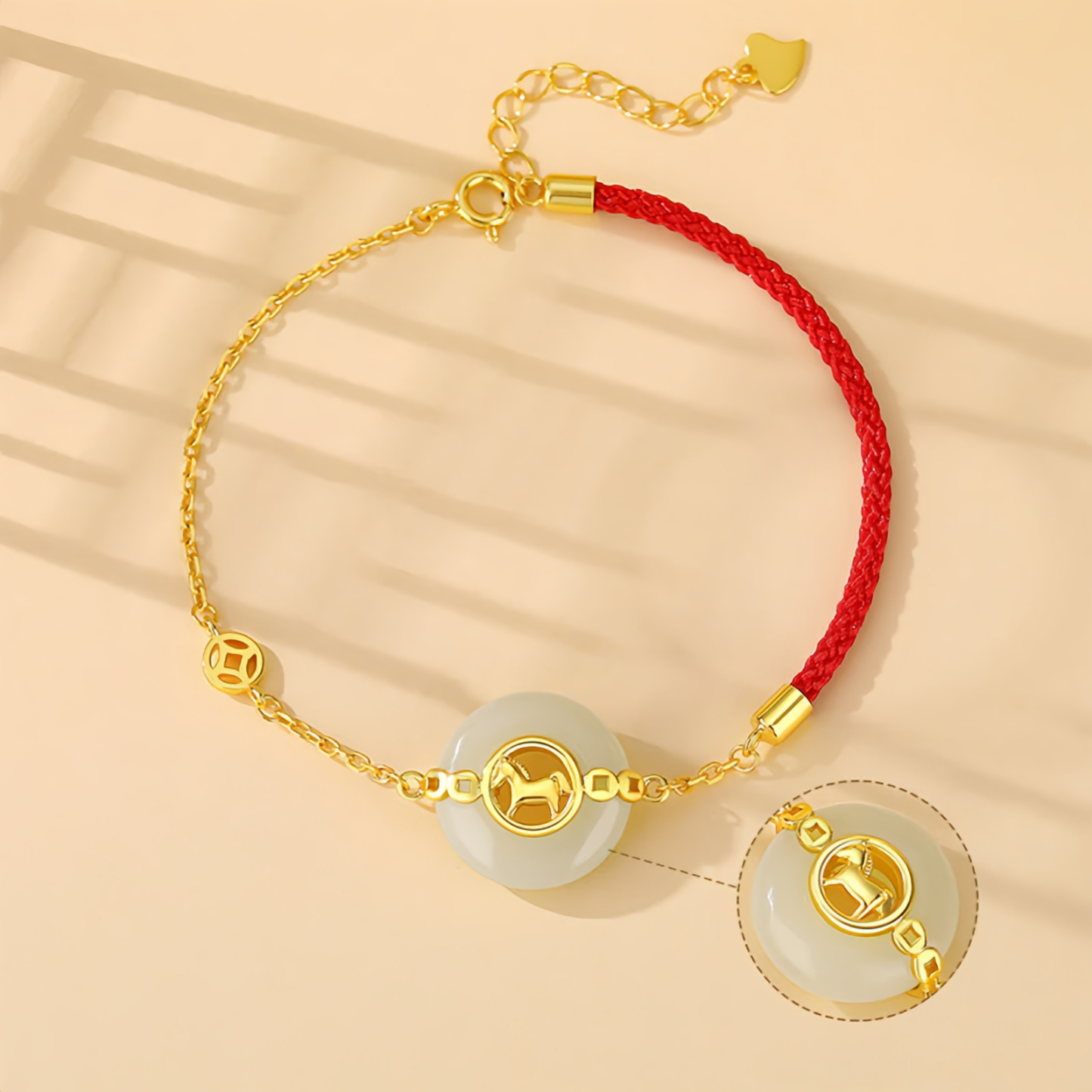 925 Sterling Silver Hetian Jade Peace Buckle Year Of The Horse Red String Bracelet