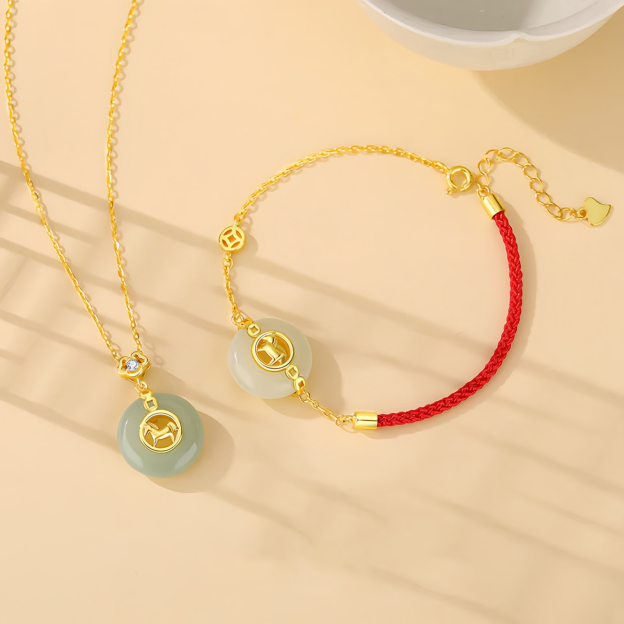 925 Sterling Silver Hetian Jade Peace Buckle Year Of The Horse Red String Bracelet