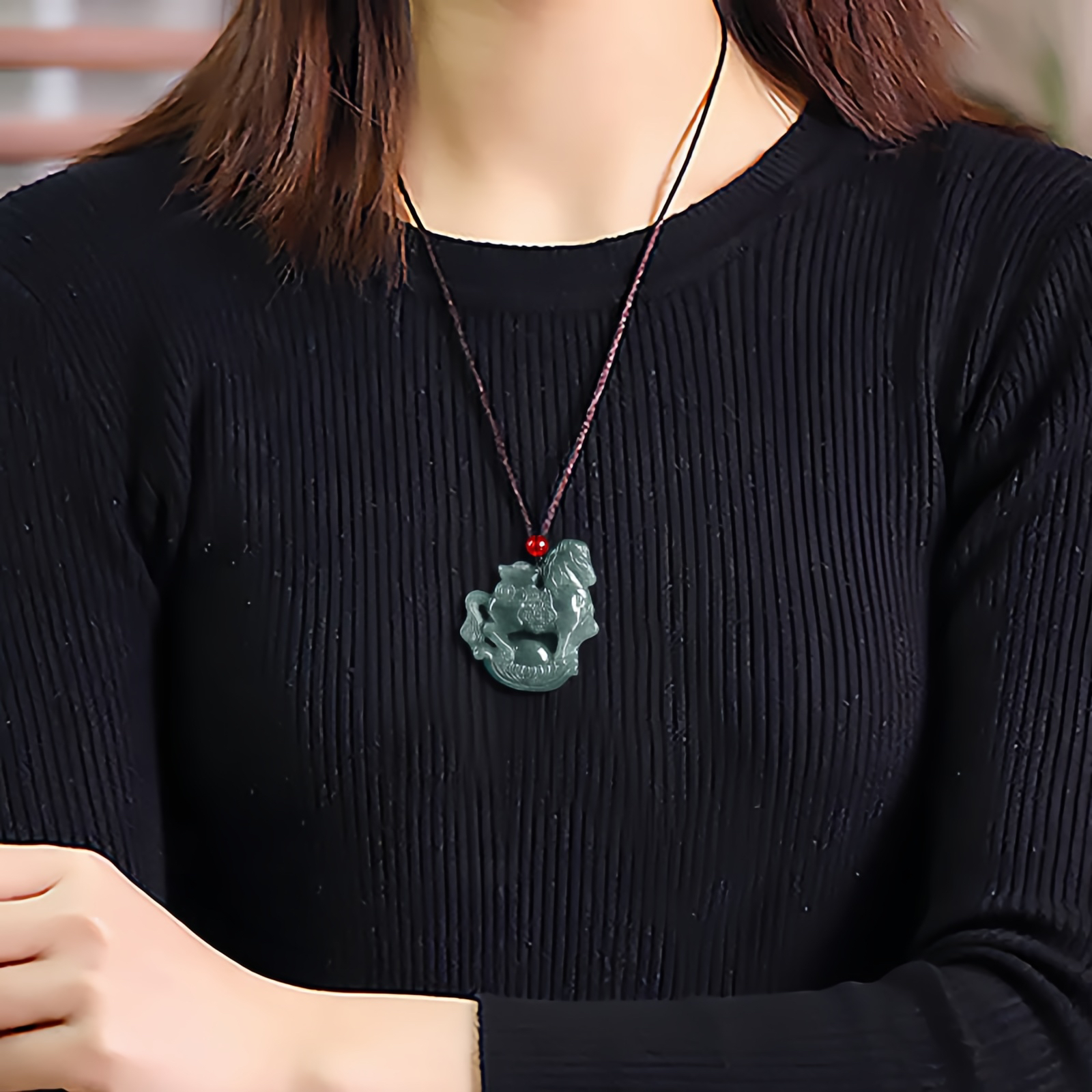Year of the Horse Jade Ingot Luck Prosperity Rope Necklace Pendant