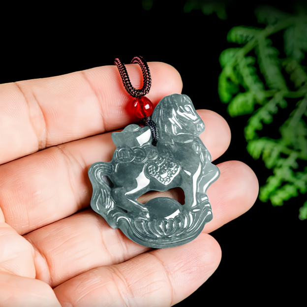 Year of the Horse Jade Ingot Luck Prosperity Rope Necklace Pendant