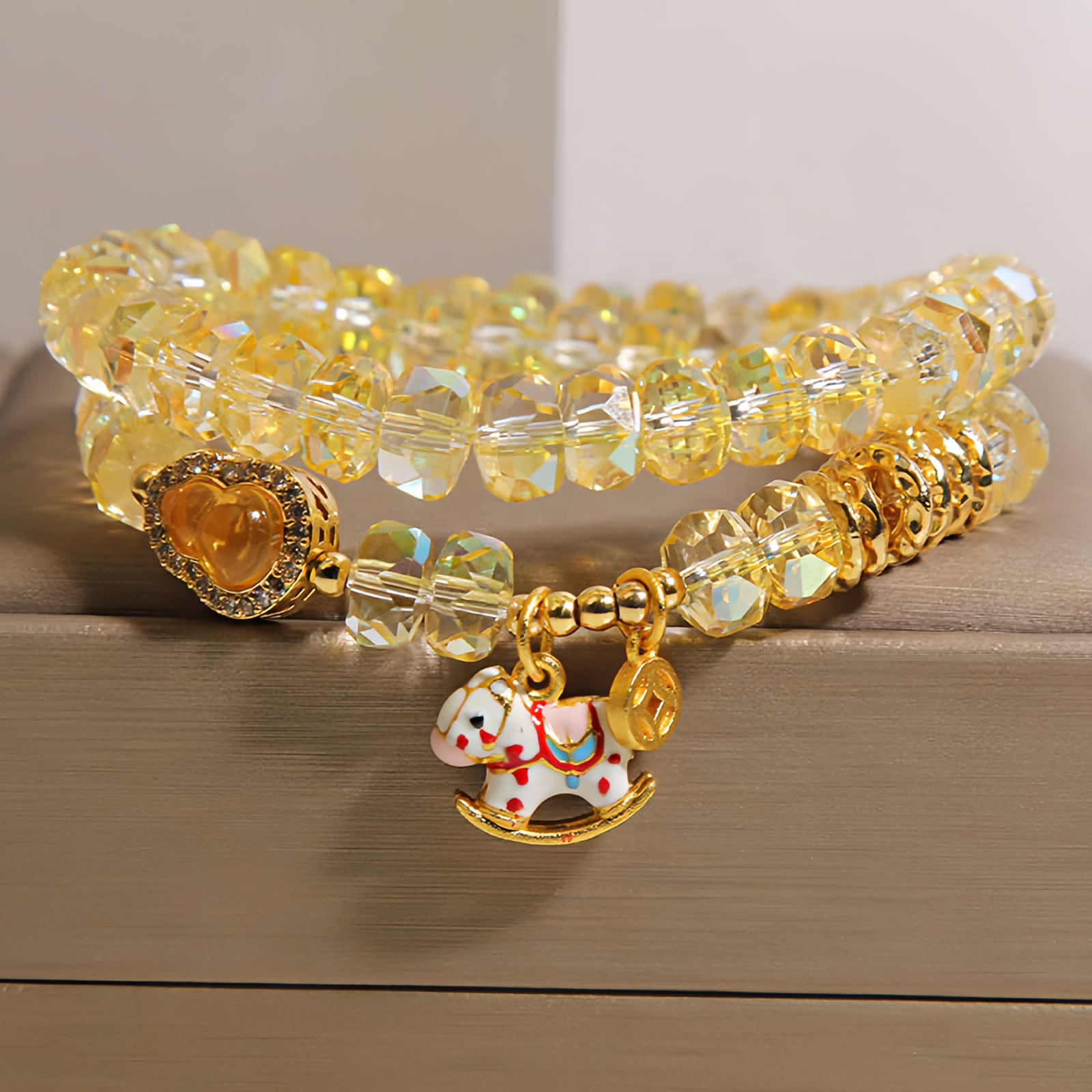 Year Of The Horse Chrysoberyl Glass Bead Peace Love Double-layered Bracelet