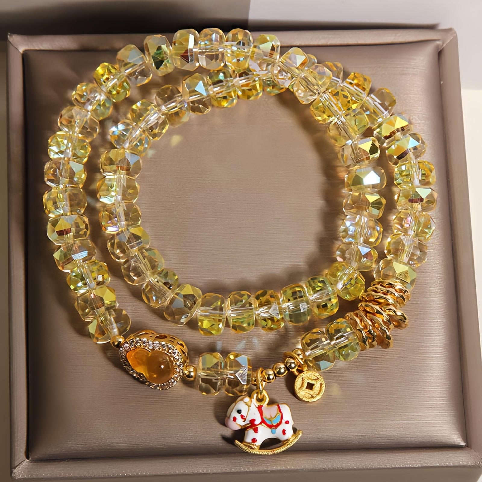 Year Of The Horse Chrysoberyl Glass Bead Peace Love Double-layered Bracelet