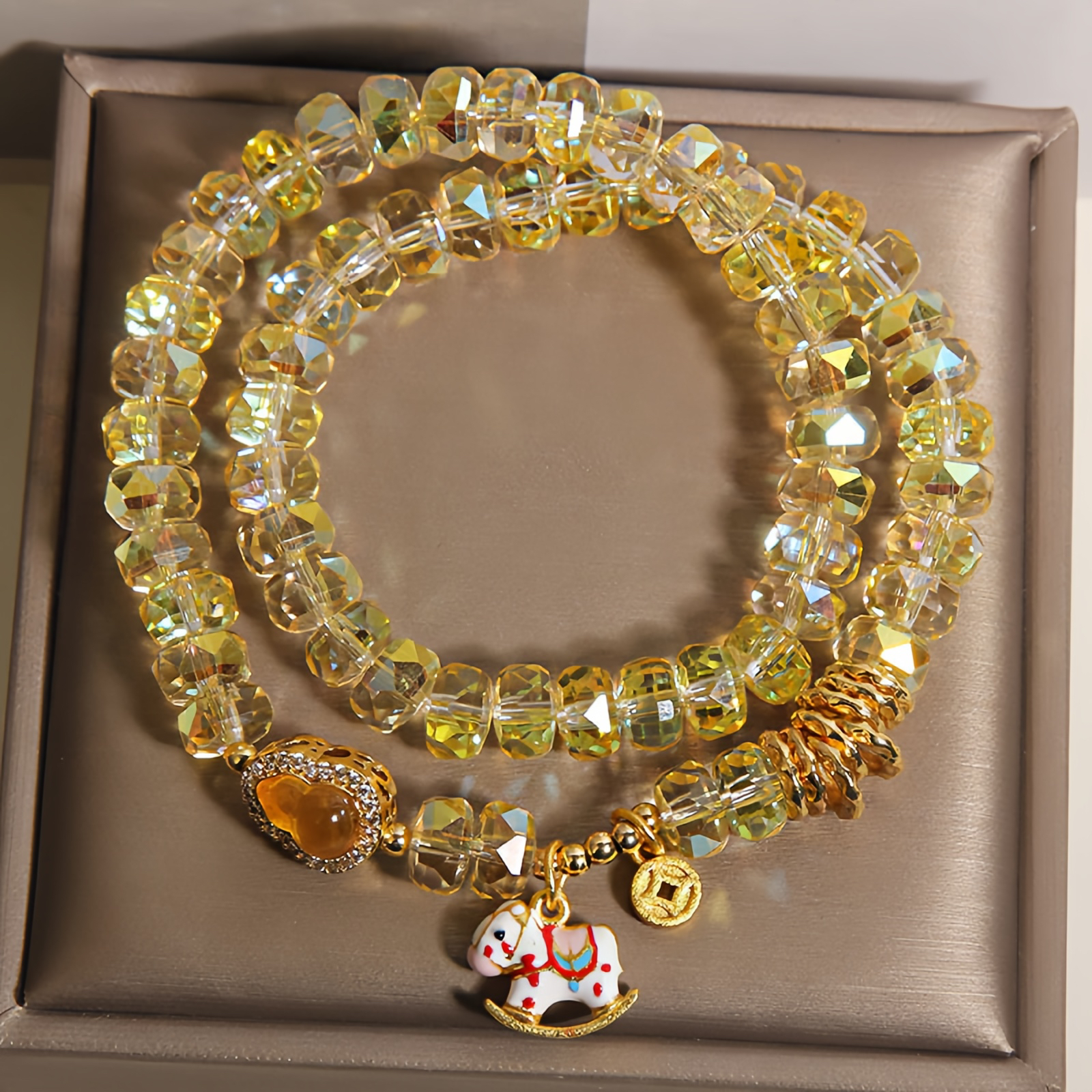 Year Of The Horse Chrysoberyl Glass Bead Peace Love Double-layered Bracelet