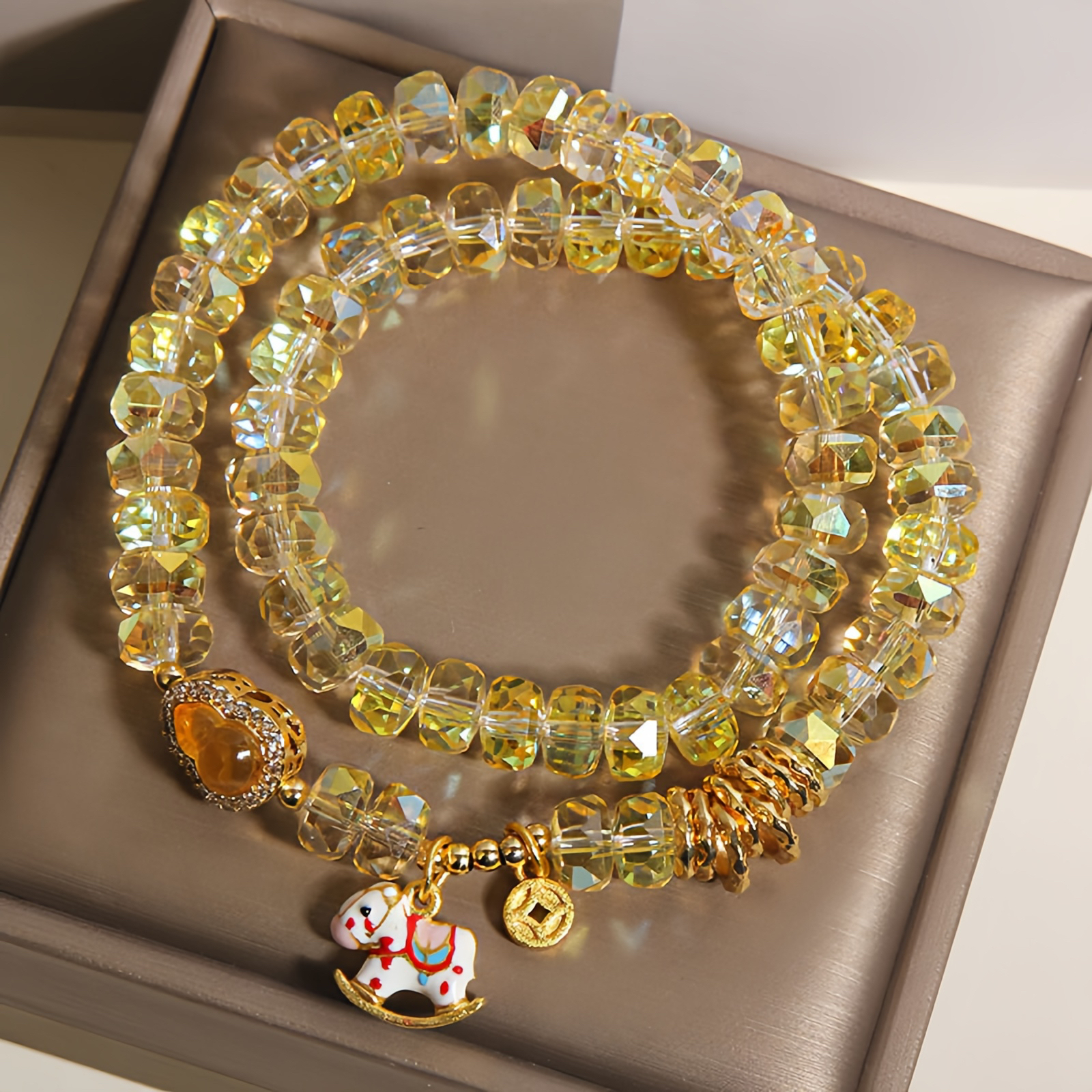 Year Of The Horse Chrysoberyl Glass Bead Peace Love Double-layered Bracelet