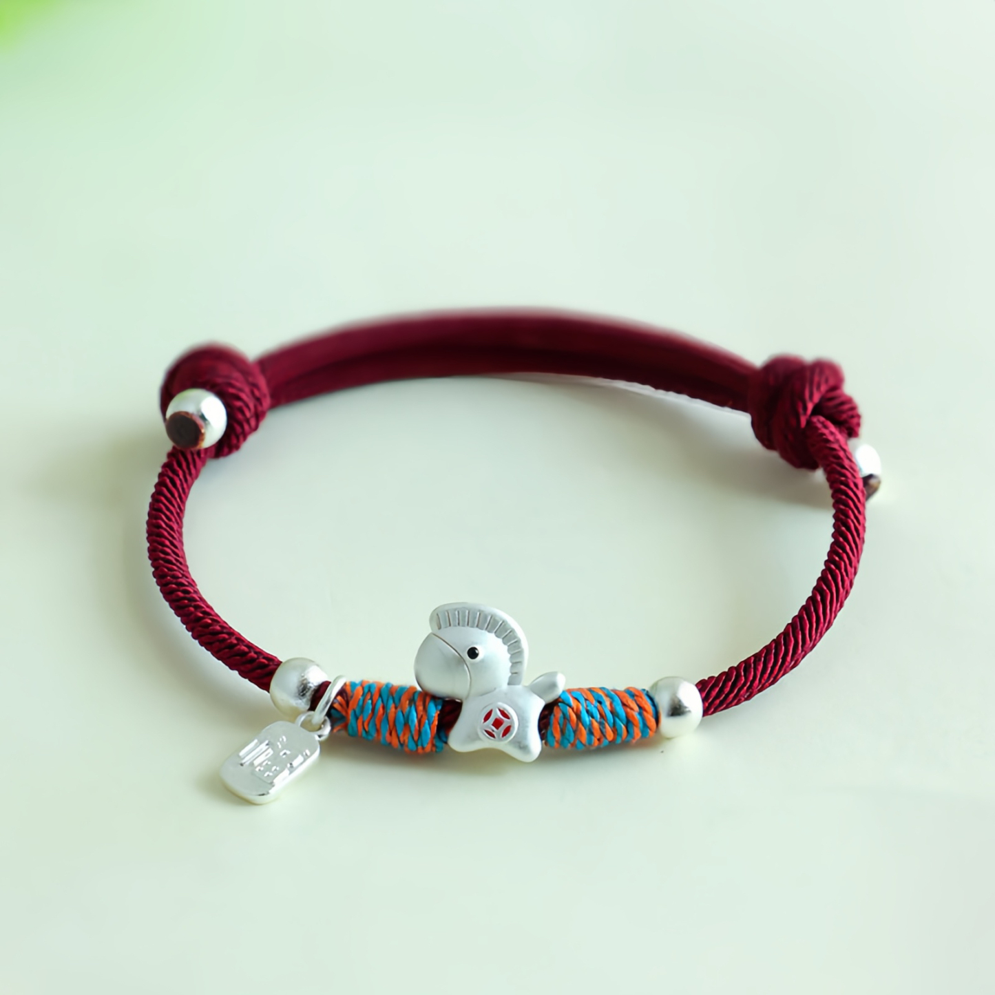 999 Sterling Silver Year Of The Horse Fu Character Charm Colorful String Rope Luck Bracelet
