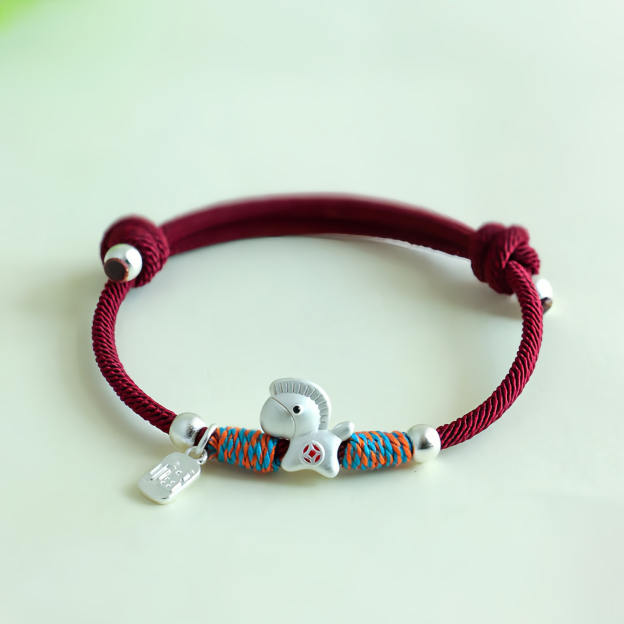 999 Sterling Silver Year Of The Horse Fu Character Charm Colorful String Rope Luck Bracelet