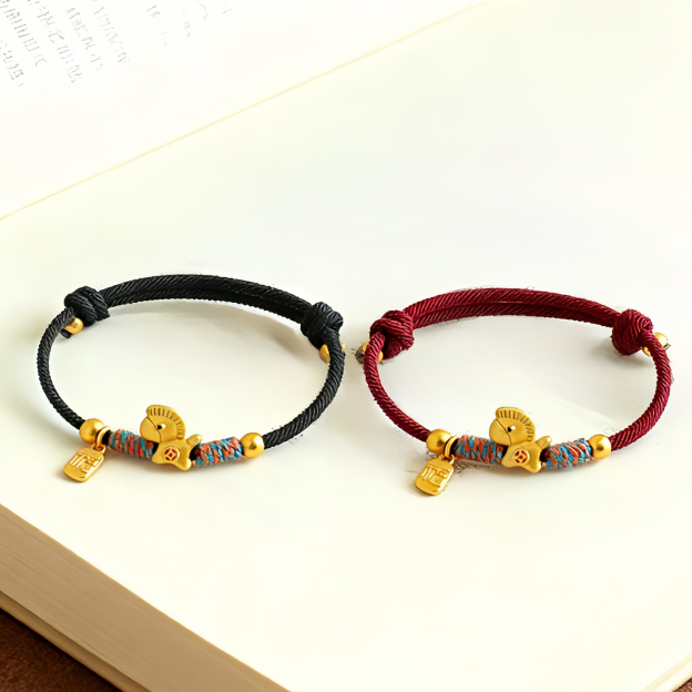999 Sterling Silver Year Of The Horse Fu Character Charm Colorful String Rope Luck Bracelet