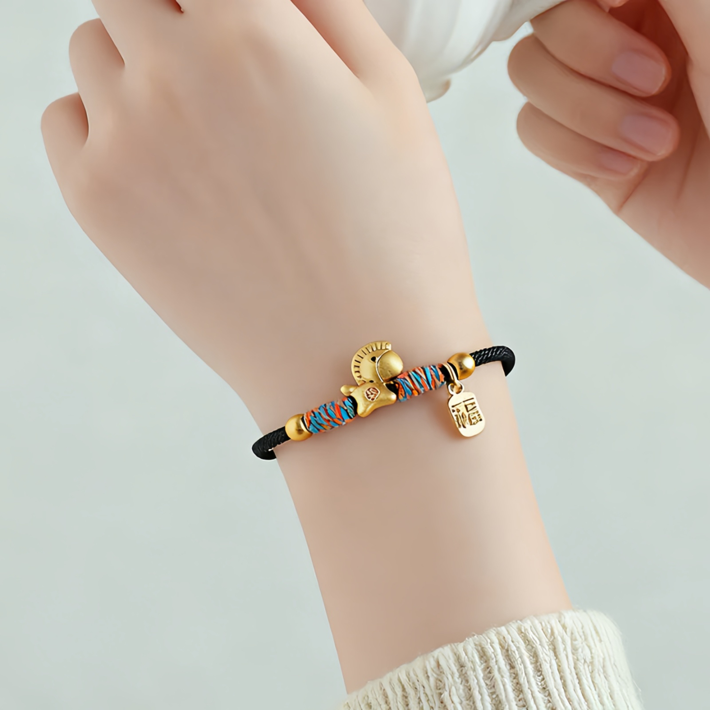 999 Sterling Silver Year Of The Horse Fu Character Charm Colorful String Rope Luck Bracelet