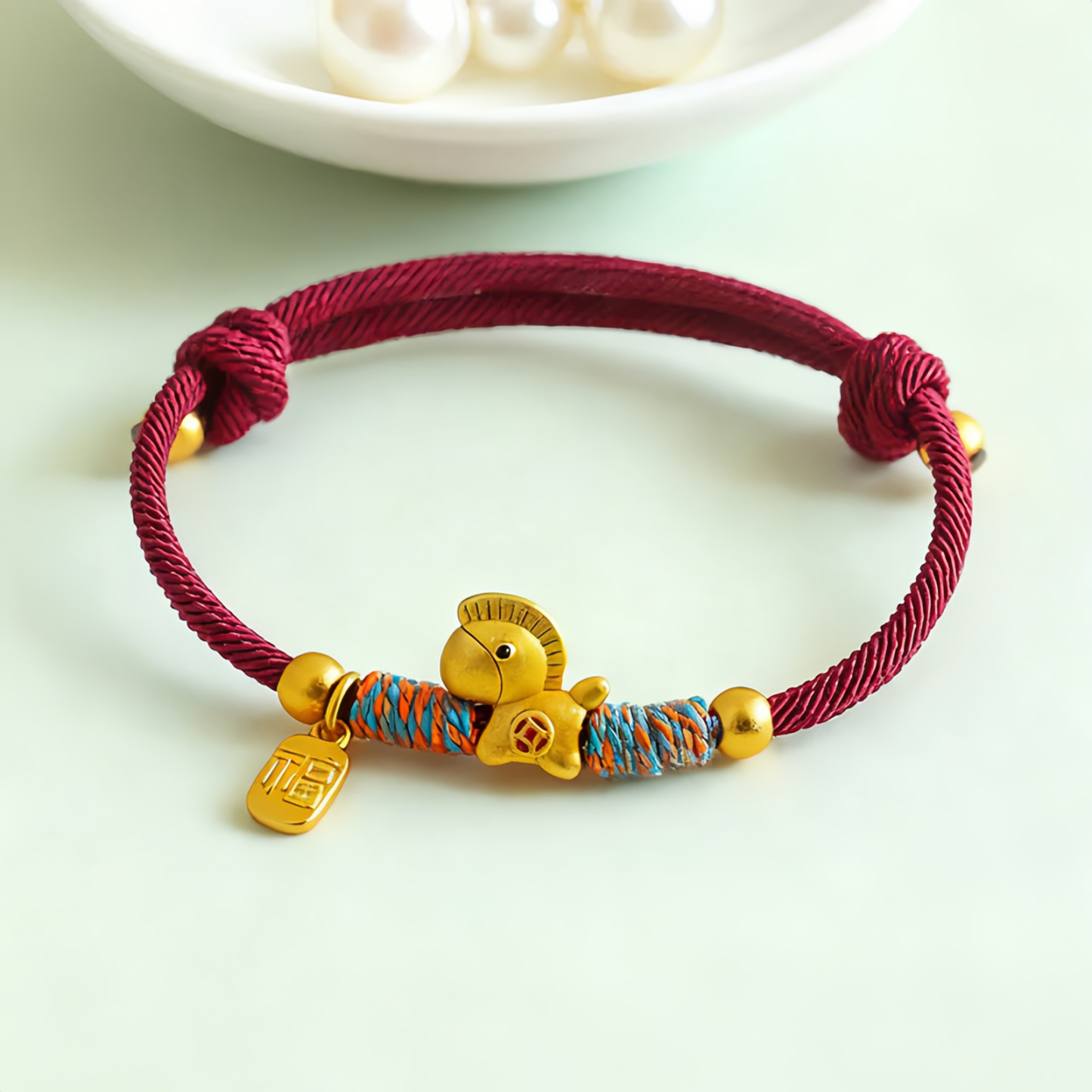 999 Sterling Silver Year Of The Horse Fu Character Charm Colorful String Rope Luck Bracelet