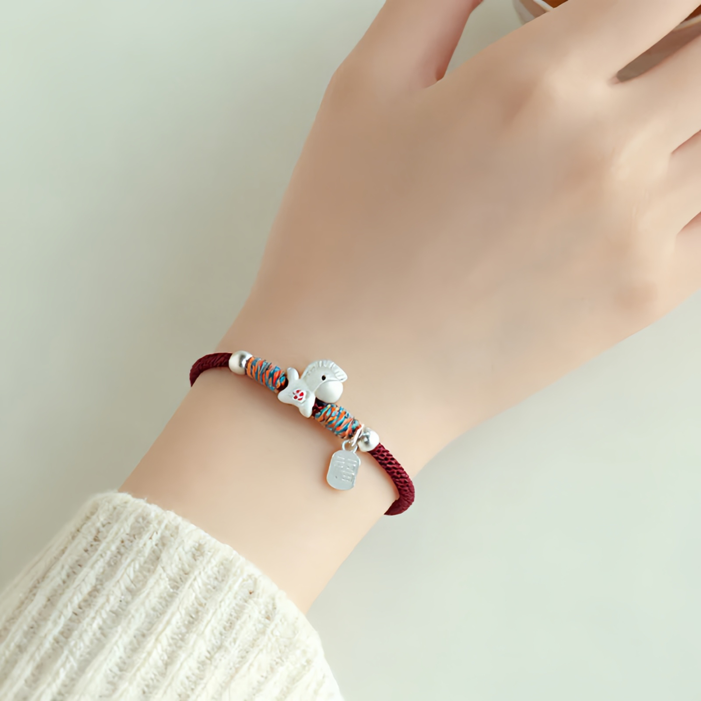 999 Sterling Silver Year Of The Horse Fu Character Charm Colorful String Rope Luck Bracelet