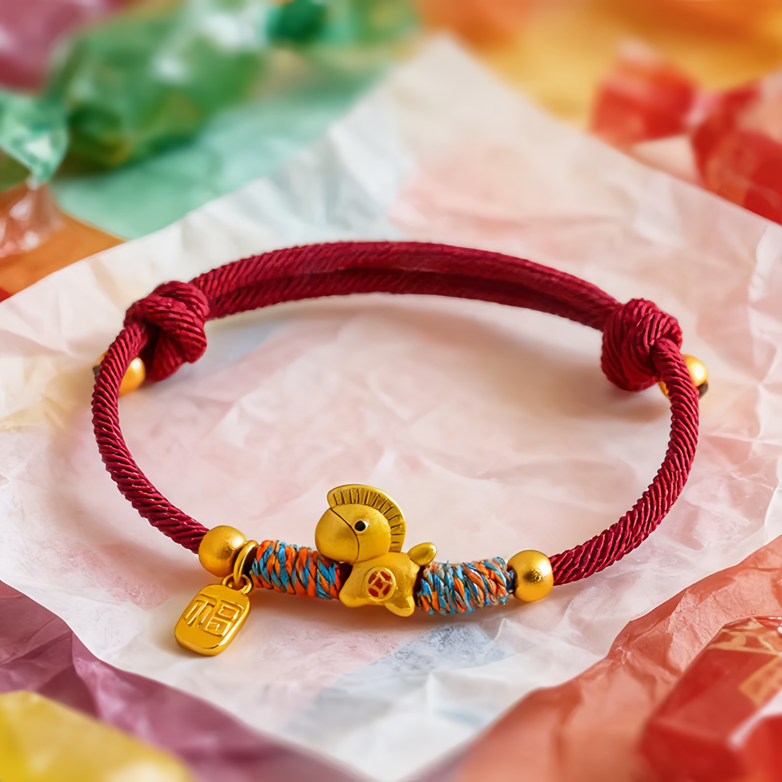 999 Sterling Silver Year Of The Horse Fu Character Charm Colorful String Rope Luck Bracelet