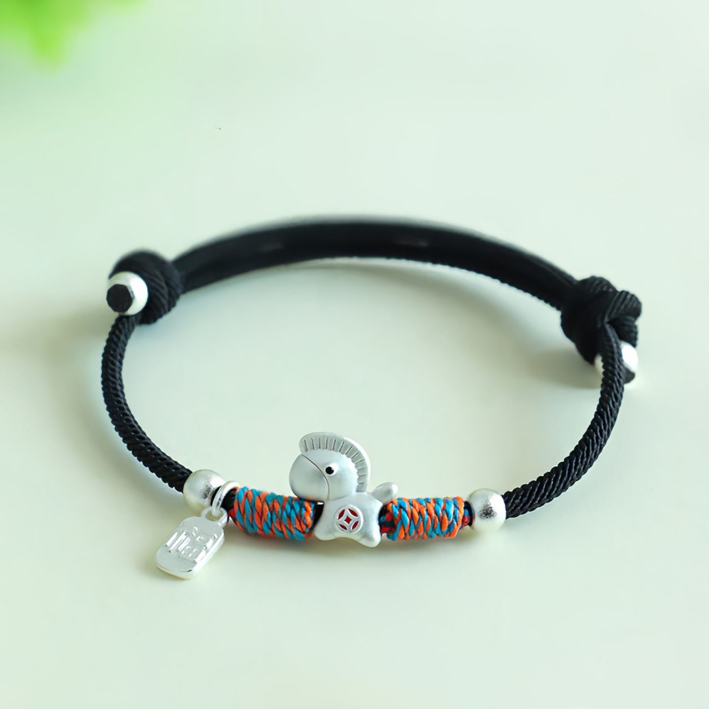999 Sterling Silver Year Of The Horse Fu Character Charm Colorful String Rope Luck Bracelet