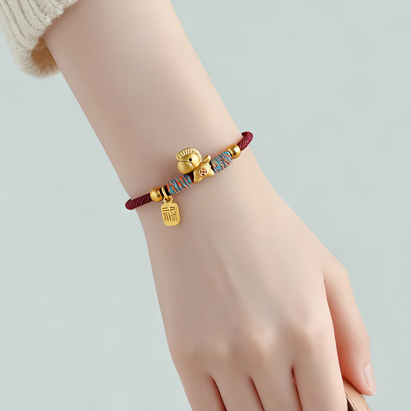 999 Sterling Silver Year Of The Horse Fu Character Charm Colorful String Rope Luck Bracelet