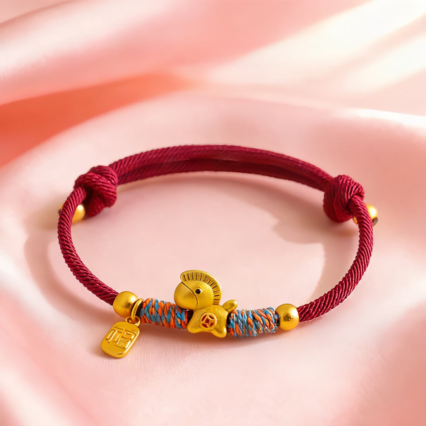 999 Sterling Silver Year Of The Horse Fu Character Charm Colorful String Rope Luck Bracelet