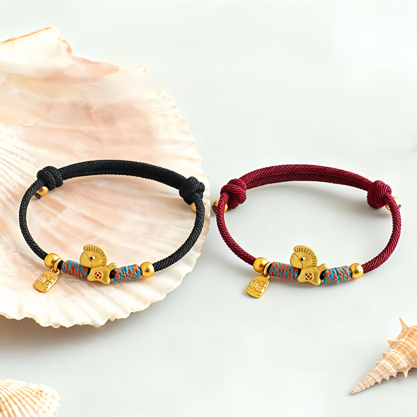 999 Sterling Silver Year Of The Horse Fu Character Charm Colorful String Rope Luck Bracelet