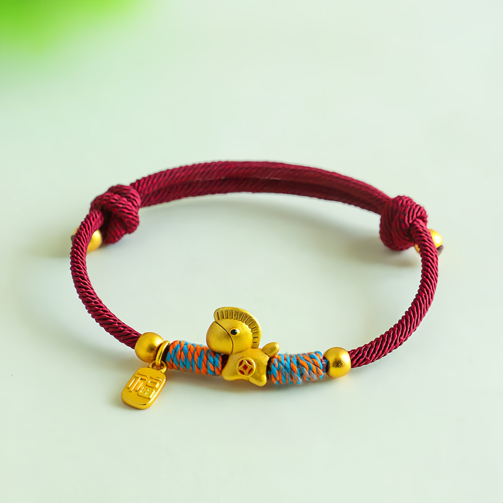 999 Sterling Silver Year Of The Horse Fu Character Charm Colorful String Rope Luck Bracelet