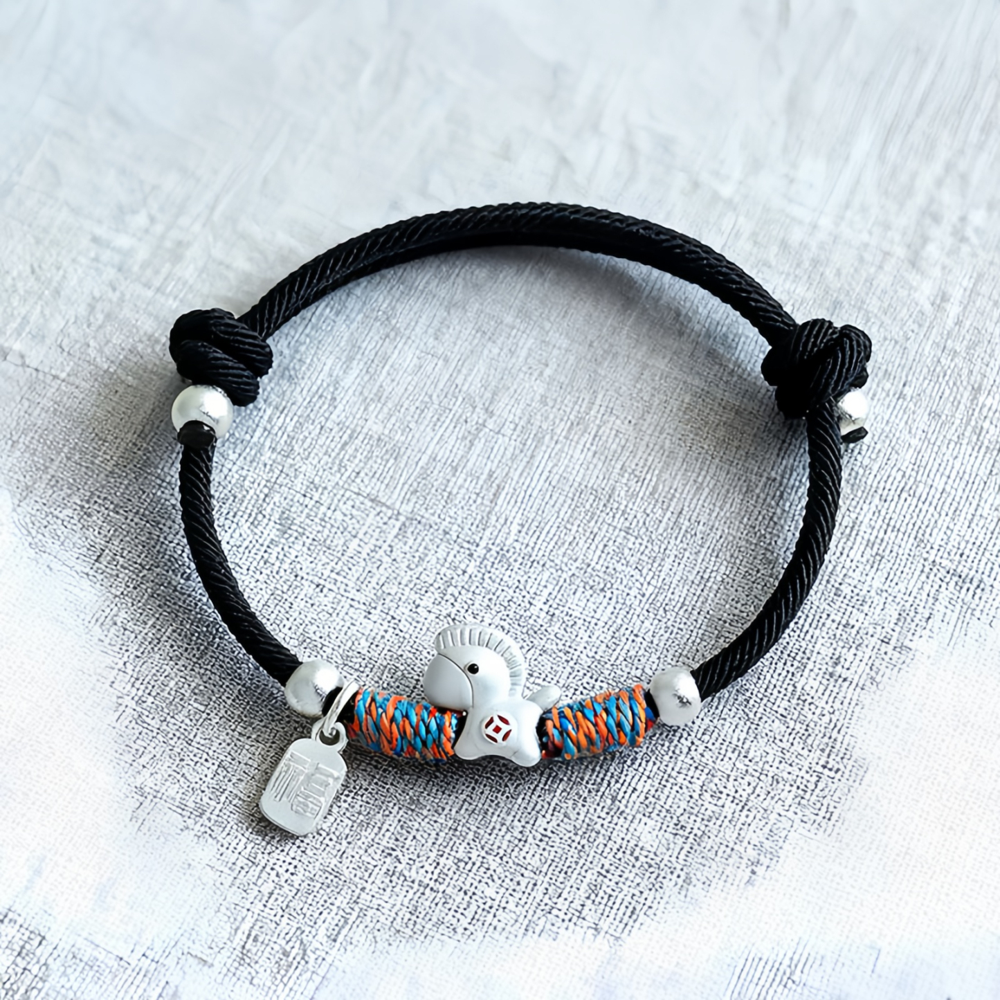 999 Sterling Silver Year Of The Horse Fu Character Charm Colorful String Rope Luck Bracelet