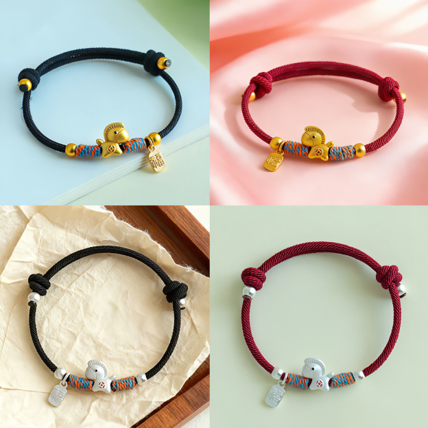 999 Sterling Silver Year Of The Horse Fu Character Charm Colorful String Rope Luck Bracelet