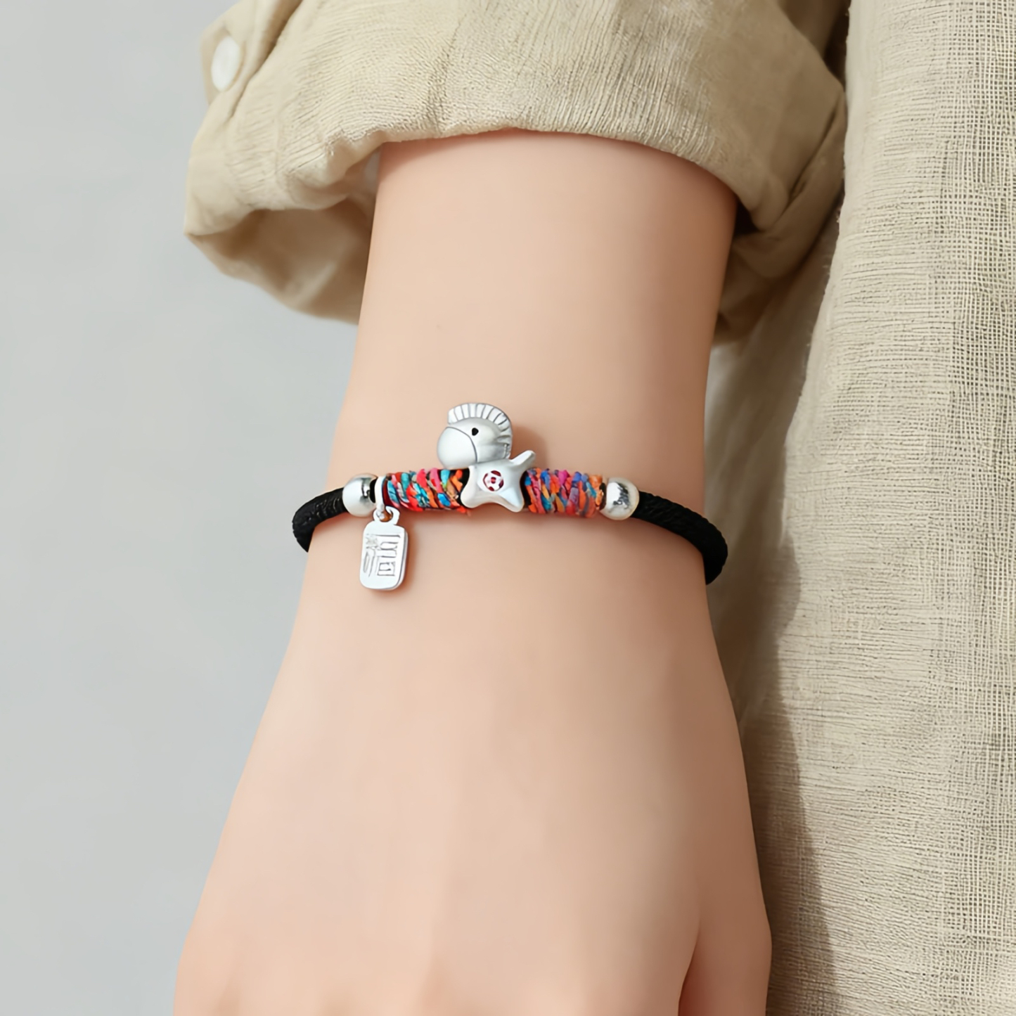 999 Sterling Silver Year Of The Horse Fu Character Charm Colorful String Rope Luck Bracelet