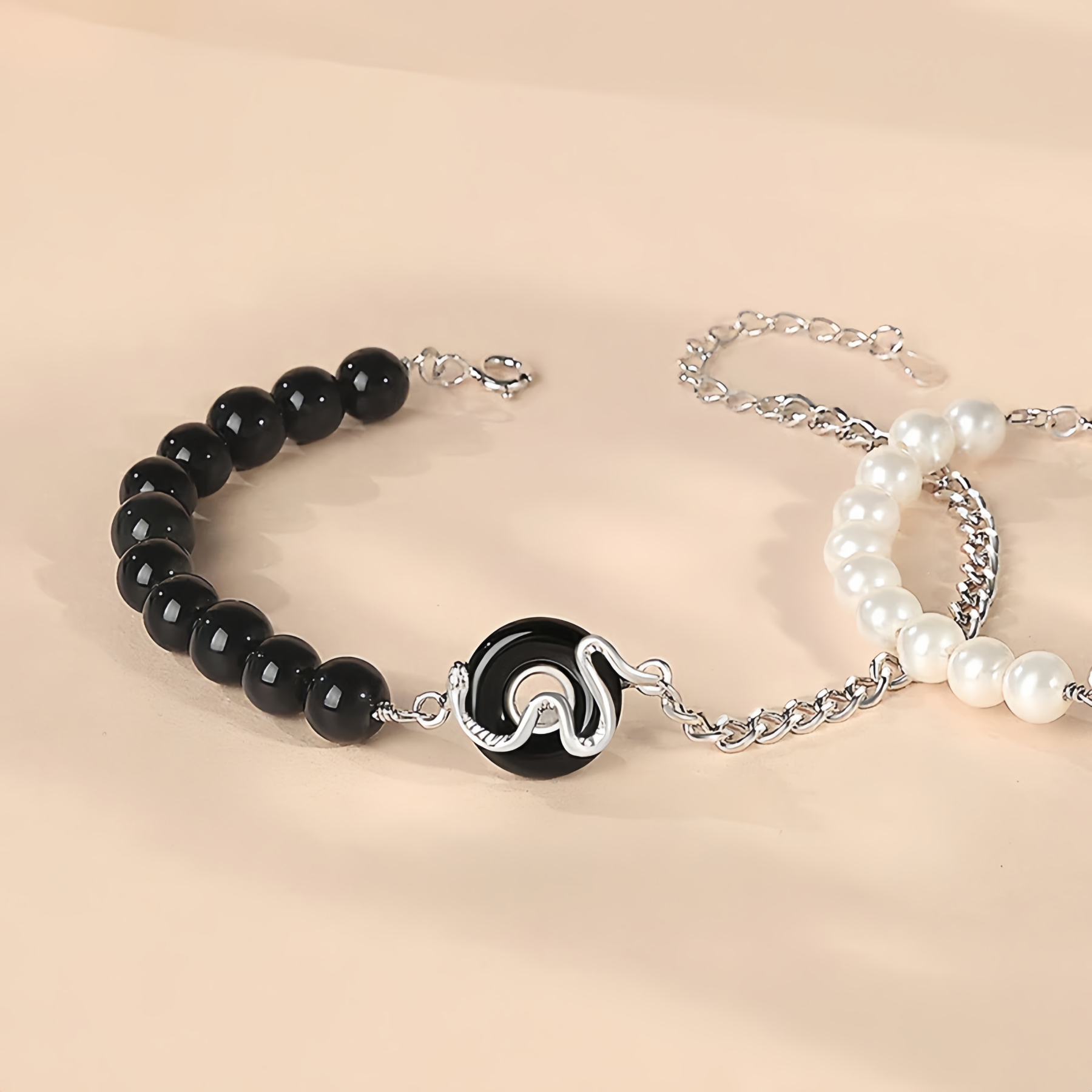 Black Obsidian Black Onyx Chalcedony Peace Buckle 925  Sterling Silver Year Of The Snake Pearl Purification Couple's Bracelet- EclatDoré