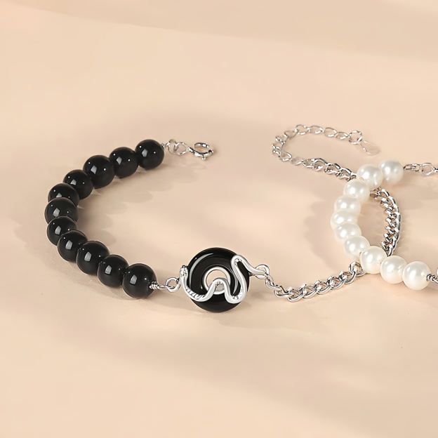 Black Obsidian Black Onyx Chalcedony Peace Buckle 925  Sterling Silver Year Of The Snake Pearl Purification Couple's Bracelet- EclatDoré