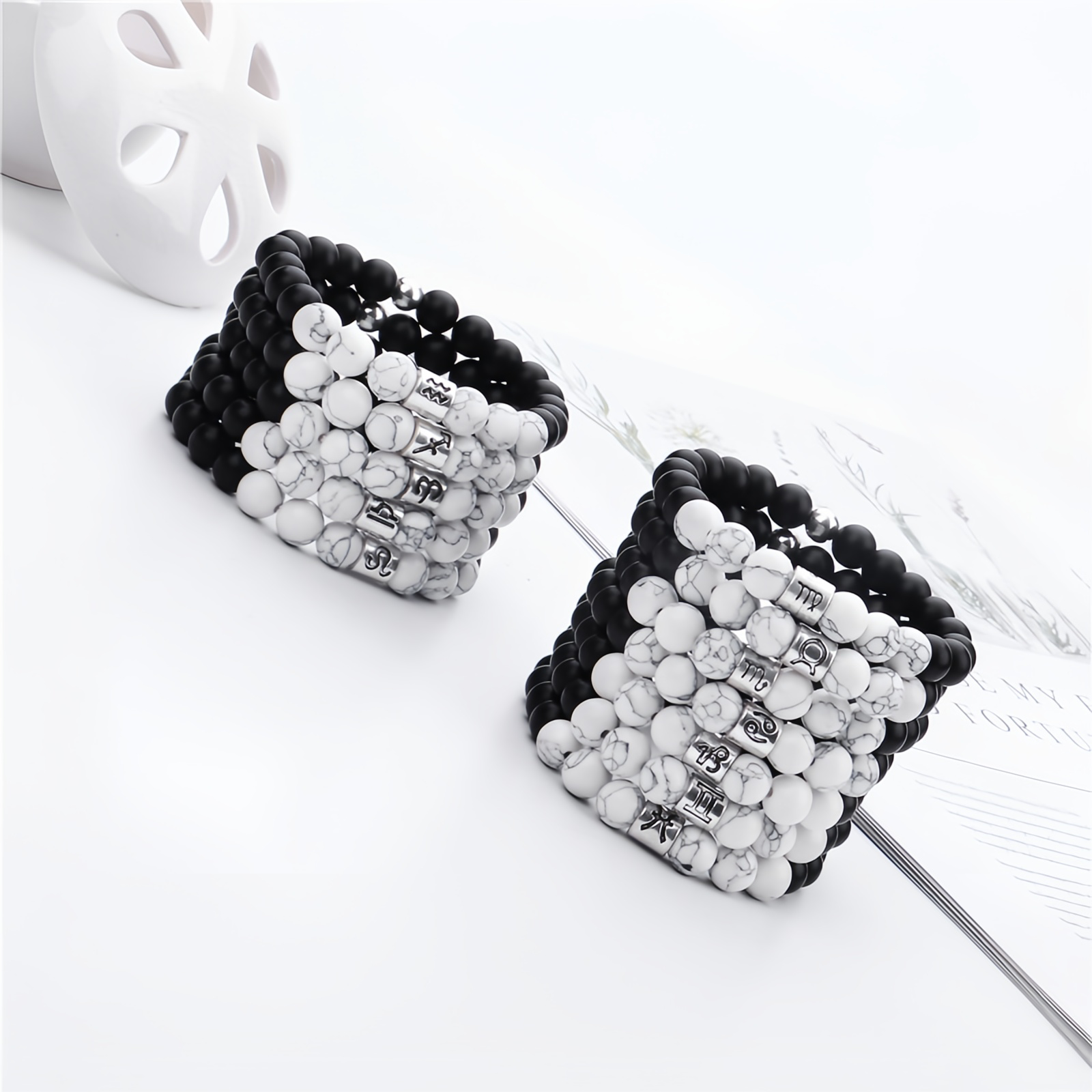 12 Zodiac Signs Natural Matte Stone White Turquoise Beaded Wealth Attraction Bracelet- EclatDoré