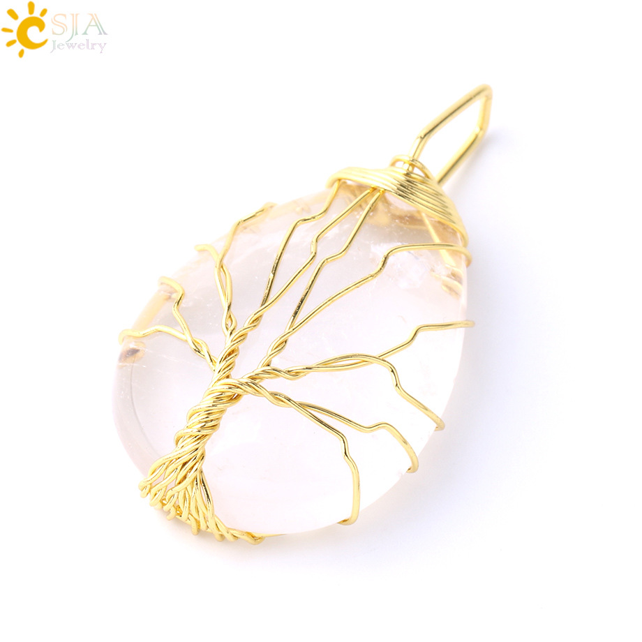 Natural Quartz Crystal Tree Of Life Healing Energy Necklace Pendant- EclatDoré