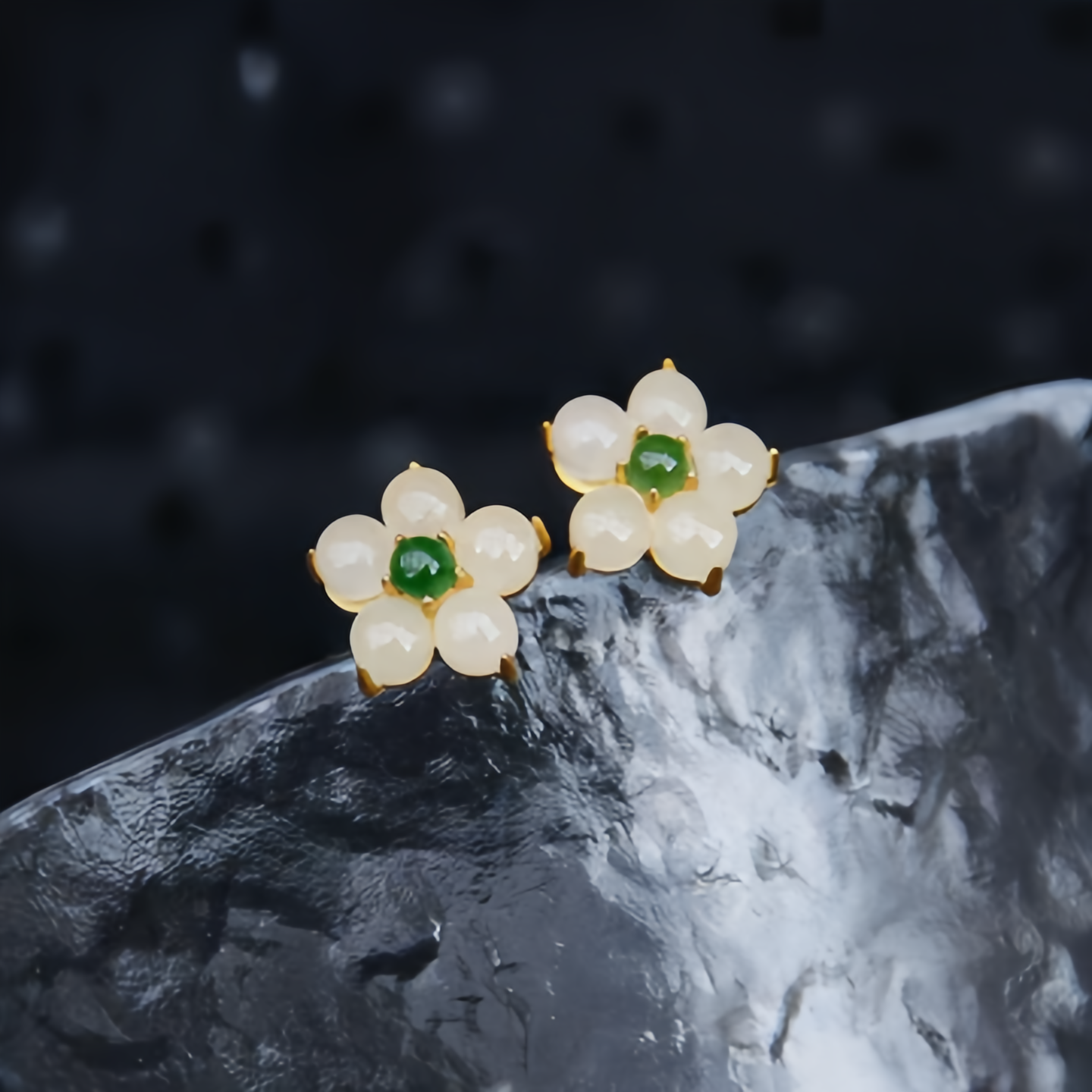 White Jade Flower Stud Earrings—Handmade Lucky Charm Blessing Jewelry for Women,14K Gold Plating- EclatDoré