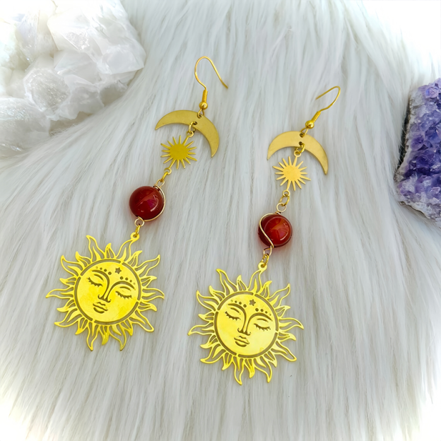 Brass Sun Moon Healing Earrings |   Copper Chakra Energy Balancing