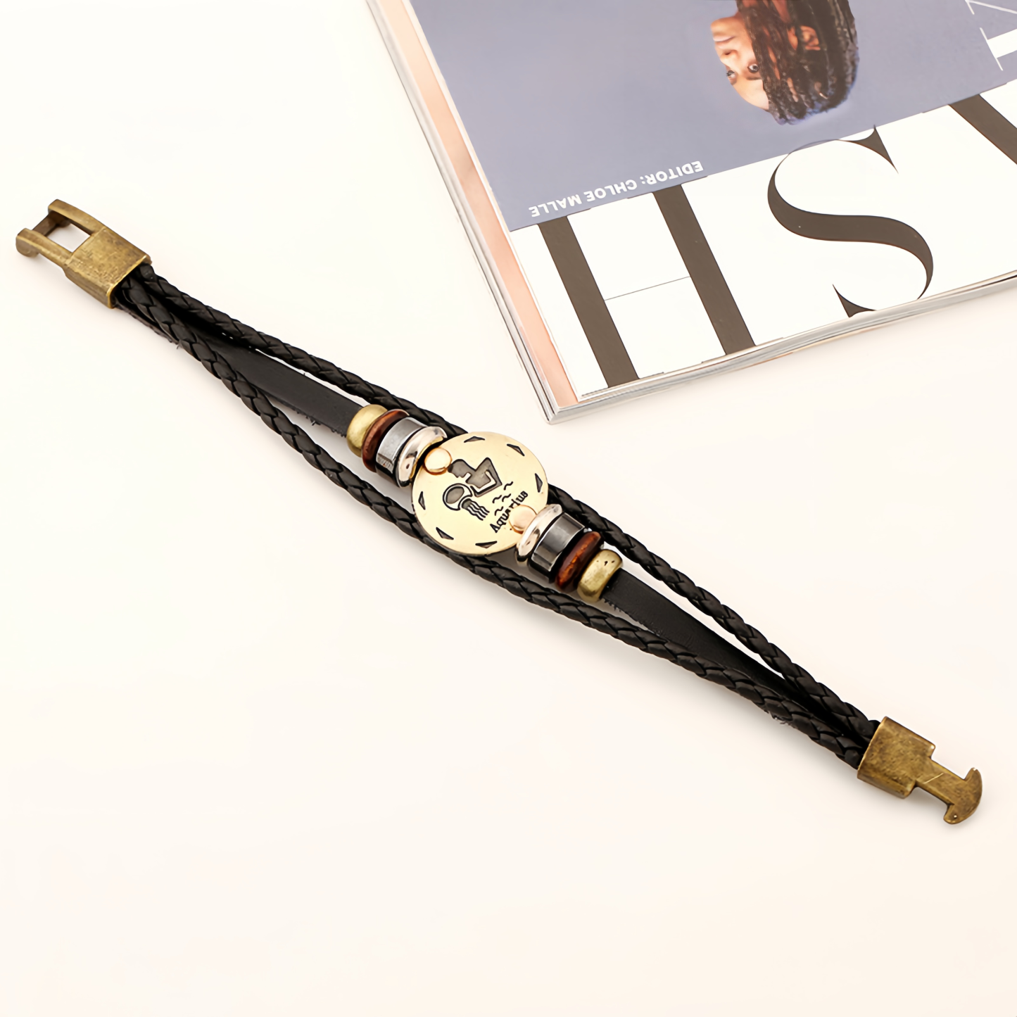 12 Zodiac Signs Handmade Leather Couple Bracelet with Hematite Totem Stone - Mystical Love Jewelry for 2025- EclatDoré