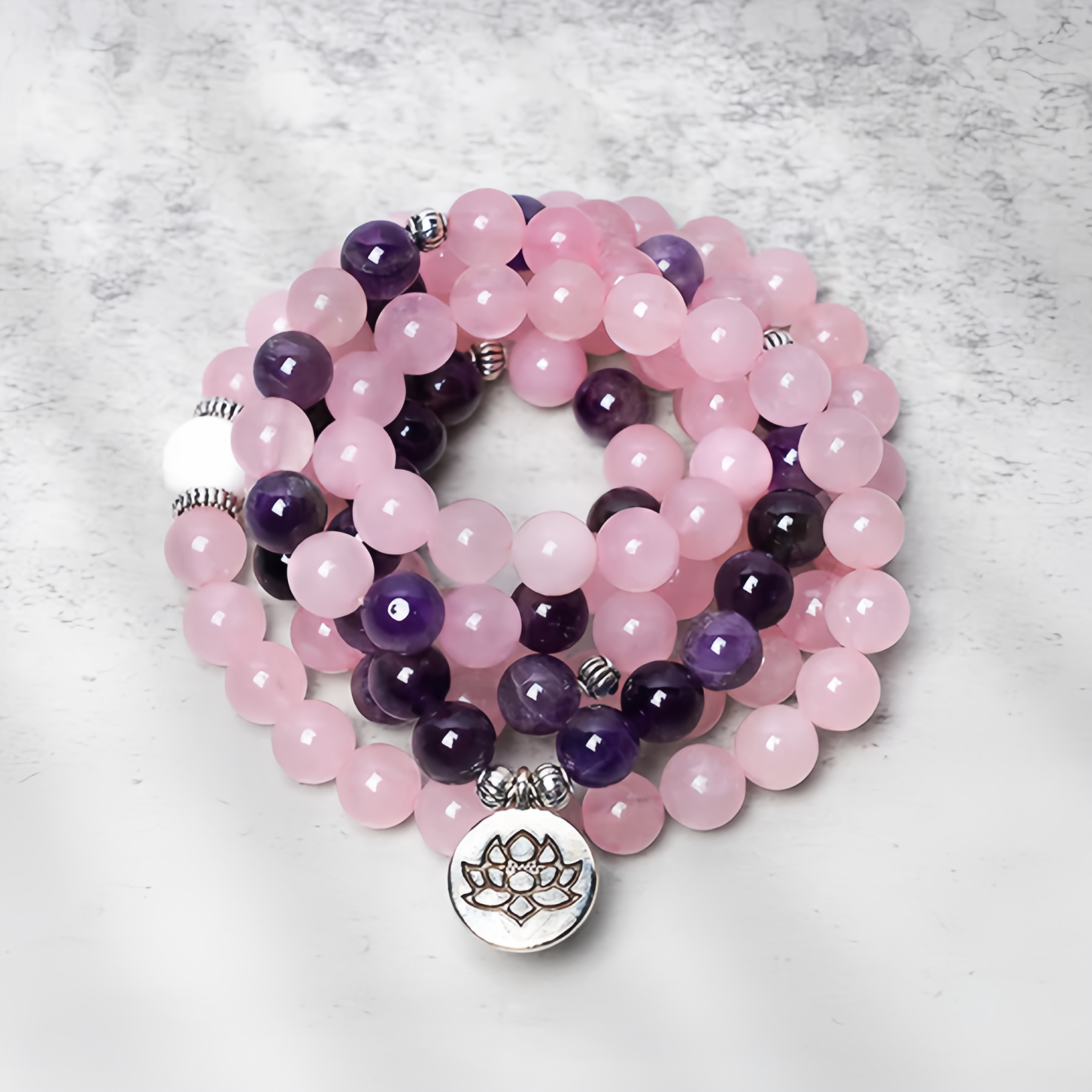 Healing Energy Jewelry:  108 Natural Rose Quartz & Amethyst Mala Bead Lotus Pendant Bracelet- EclatDoré