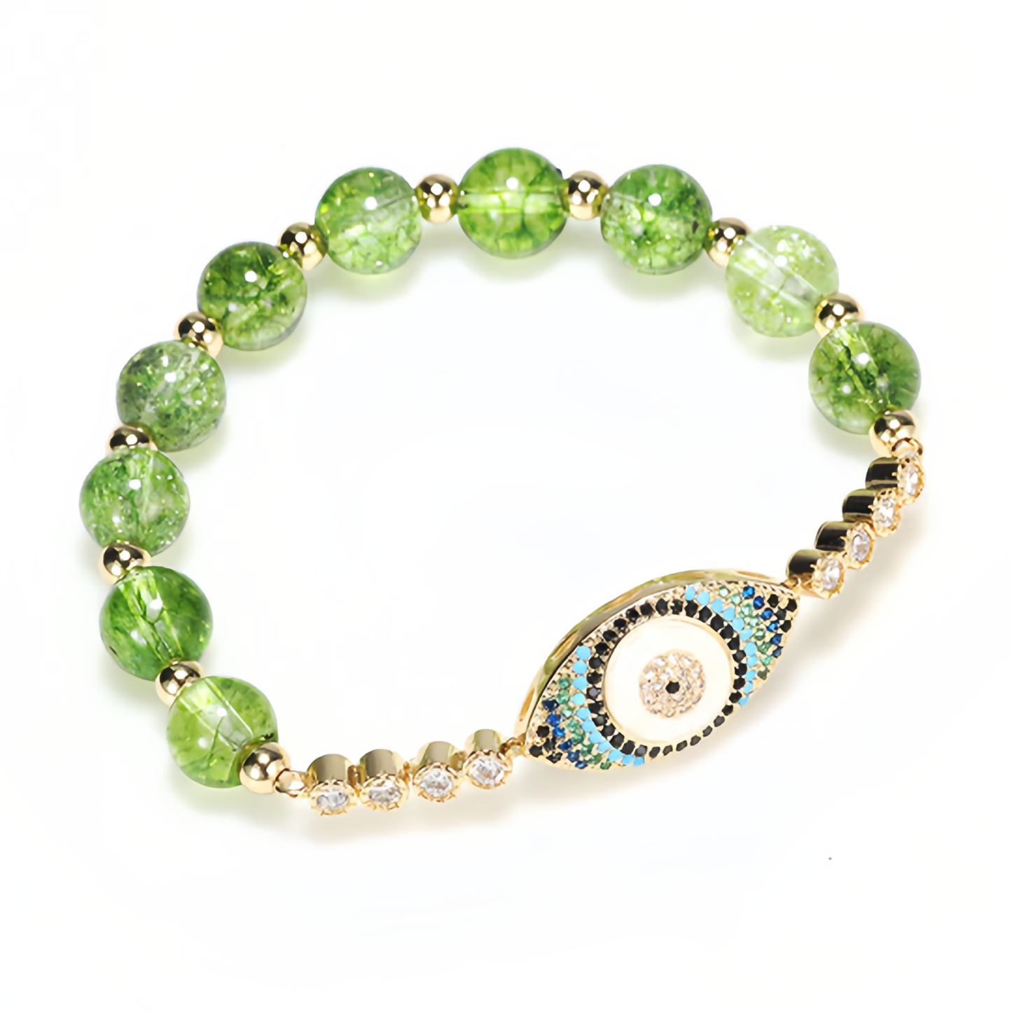 Handmade Natural Olivine Crystal Bracelet with Protective Nazar Eye Pendant- EclatDoré