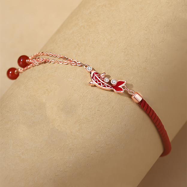 Koi Fish Ankle Bracelet for Zodiac Year – Red Cord Fortune Charm with S925 Silver Accents | Gifts for academic and career success- EclatDoré