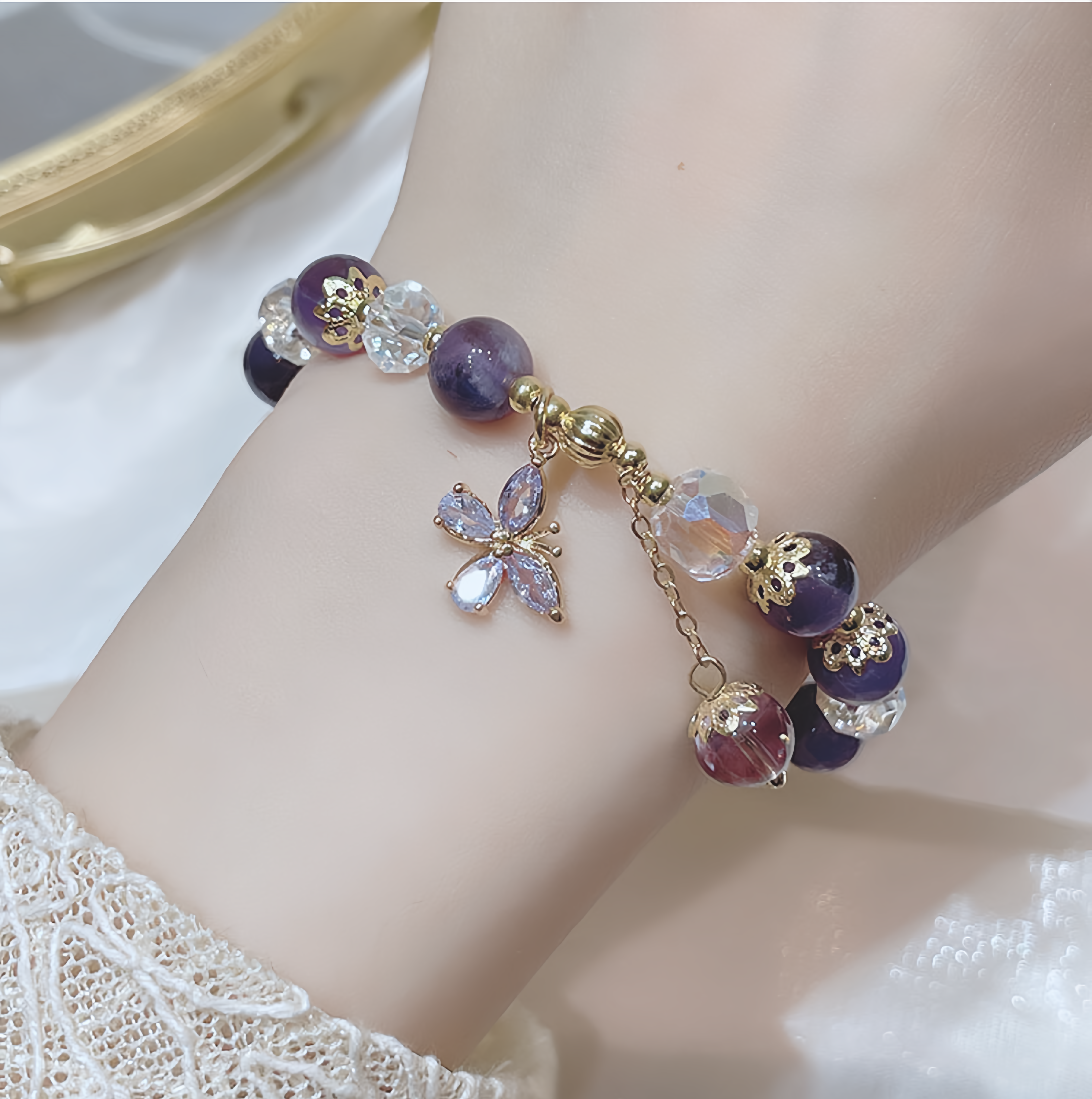 Natural Amethyst Crystal Spiritual Butterfly Charm Bracelet- EclatDoré