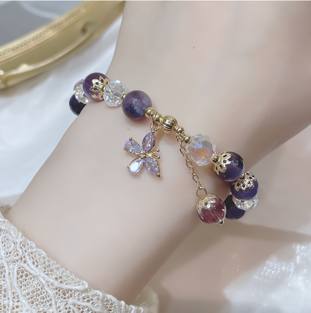 Natural Amethyst Crystal Spiritual Butterfly Charm Bracelet- EclatDoré