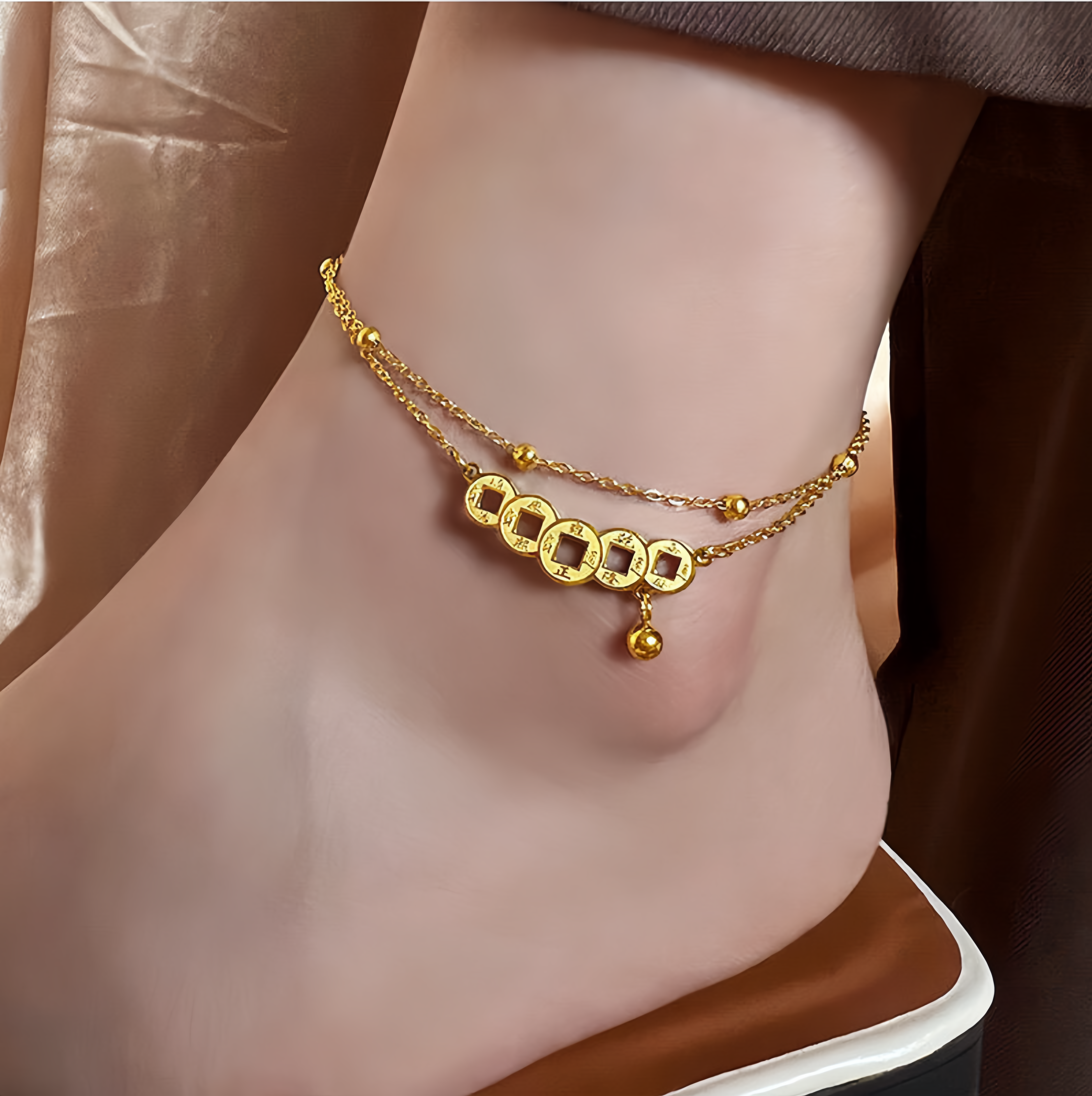 Double Layer Vintage Copper Coin Anklet for Women - Adjustable Lucky Wealth Anklet Chain- EclatDoré
