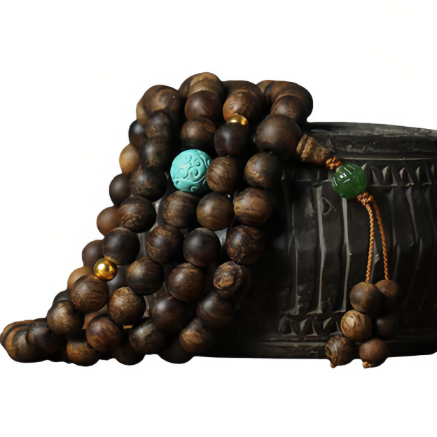 108 Mala Beads Nha Trang Agarwood Turquoise Prayer Meditation Bracelet Mala- EclatDoré