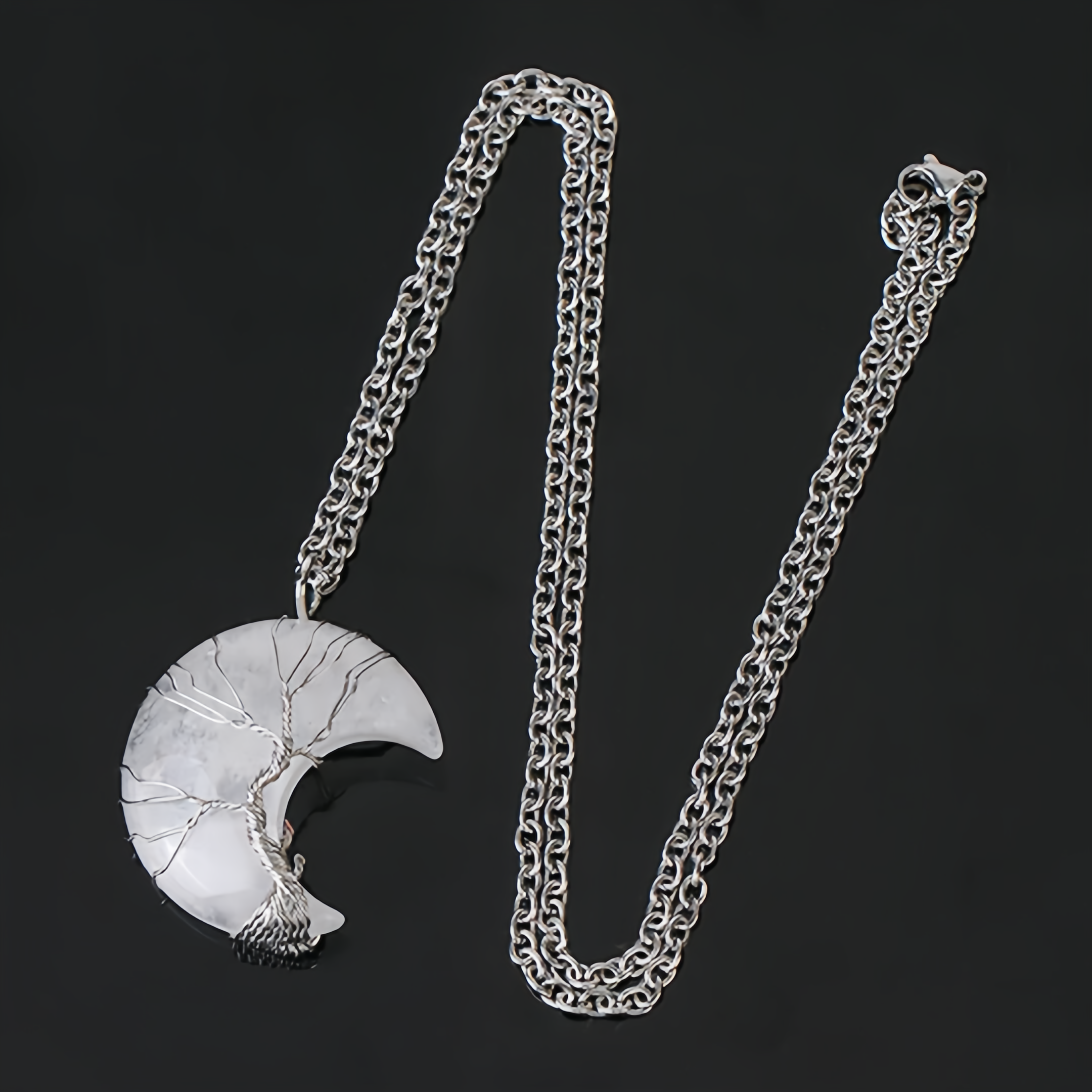 Healing Energy Jewelry:Natural Quartz Crystal Moon Tree Of Life Healing Energy Necklace Pendant- EclatDoré