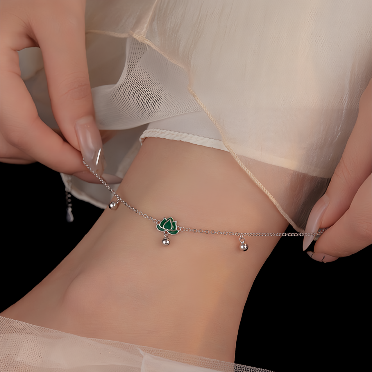 S925 Sterling Silver Vintage Lotus Ankle Bracelet & Wrist Chain with Green Stone Beads, Adjustable Retro Jewelry for Women- EclatDoré