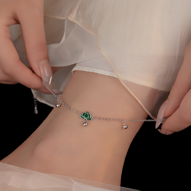 S925 Sterling Silver Vintage Lotus Ankle Bracelet & Wrist Chain with Green Stone Beads, Adjustable Retro Jewelry for Women- EclatDoré