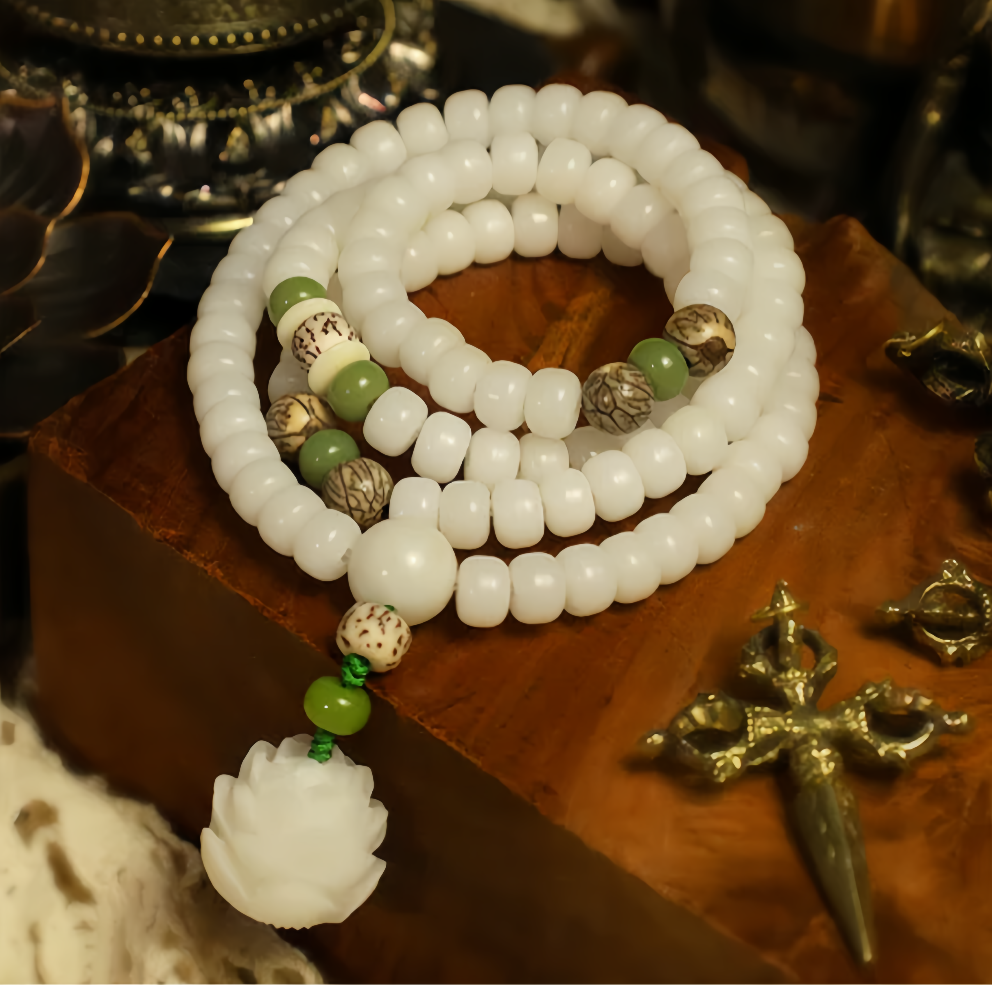 White Jade Bodhi Lotus Mala Harmony Necklace Bracelet- EclatDoré