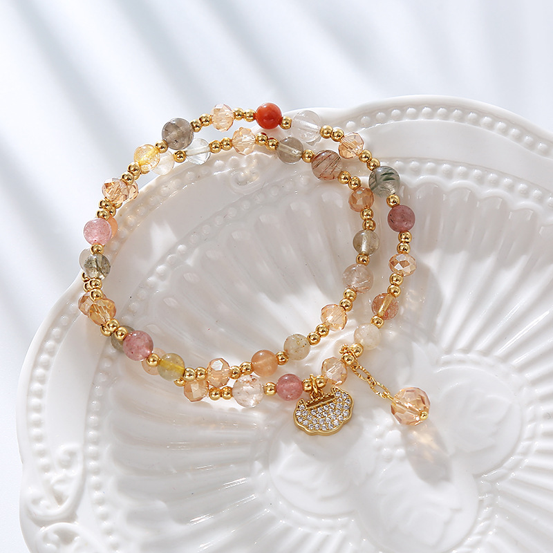 Natural Strawberry Quartz Love Healing Maple Leaf Charm Double Wrap Bracelet- EclatDoré