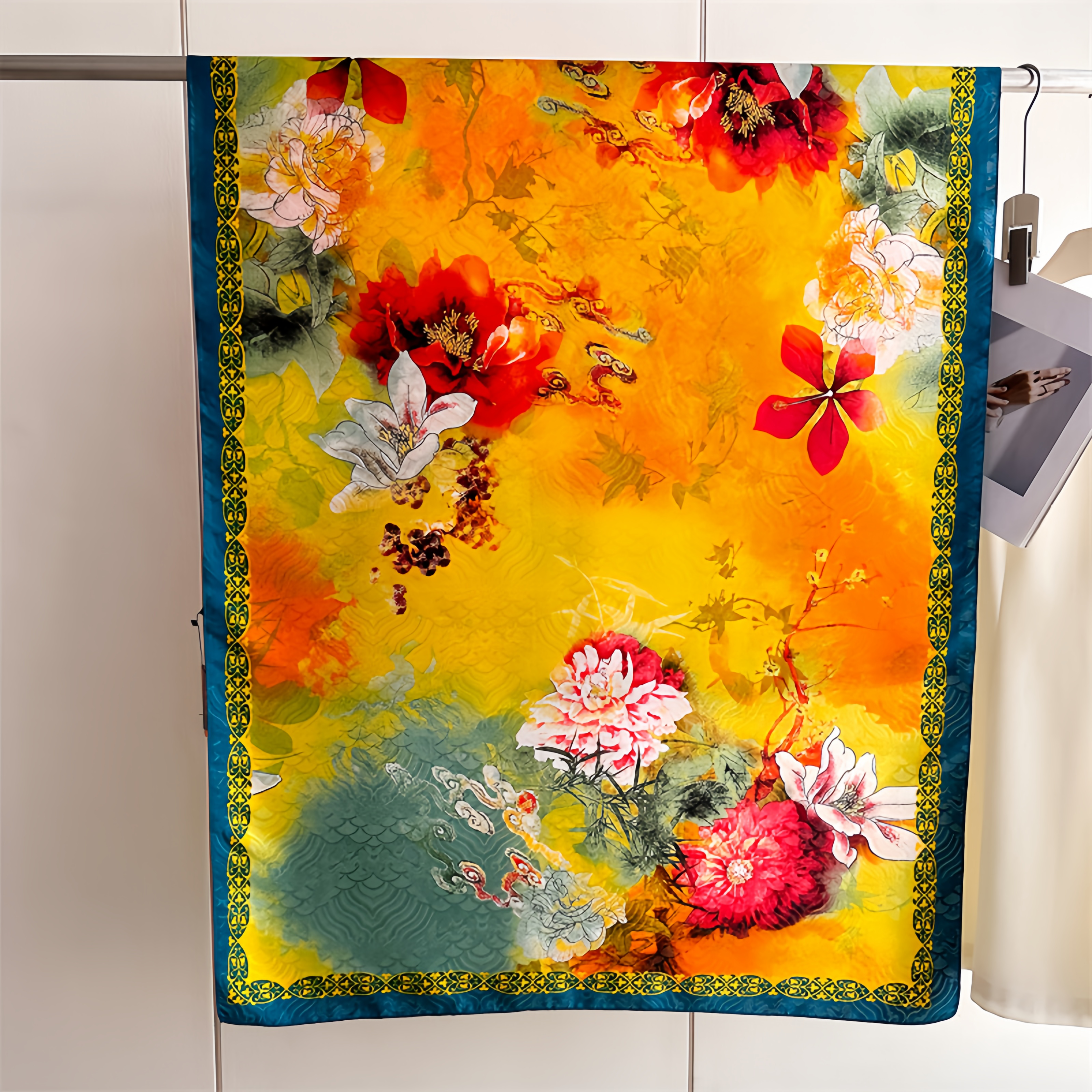  UV-Protective Handwoven Silk Scarf - Vintage Blue Peony & Bamboo Lightweight Ethno Fashion- EclatDoré